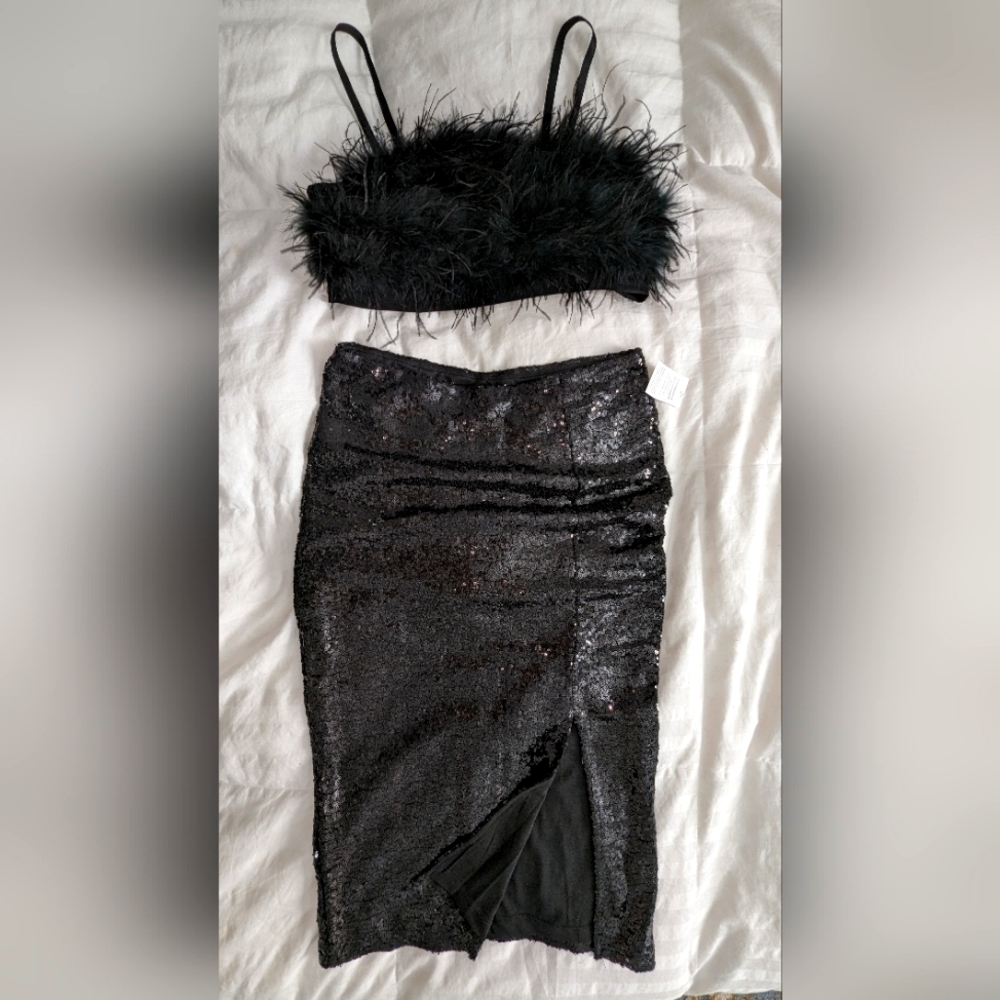 SOLD Sincerely Jules Black Sequin Skirt and Feather Crop Top Set